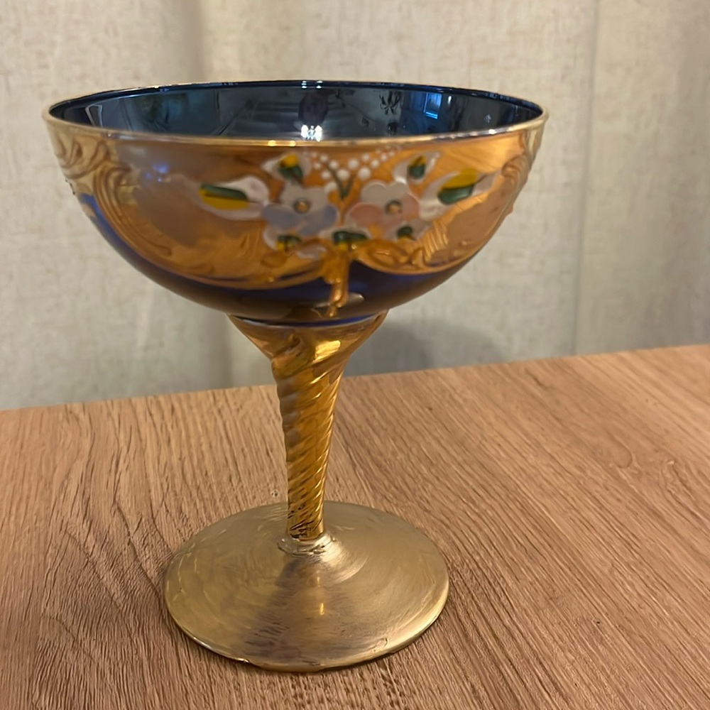 Antique Bohemian Moser Cobalt Glass Wine Goblet Gold Glit Hand Painted Italy